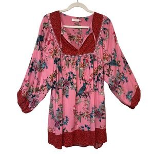 Johnny Was California Pink Floral Print Tunic Dress Bohemian Boho Women's Small